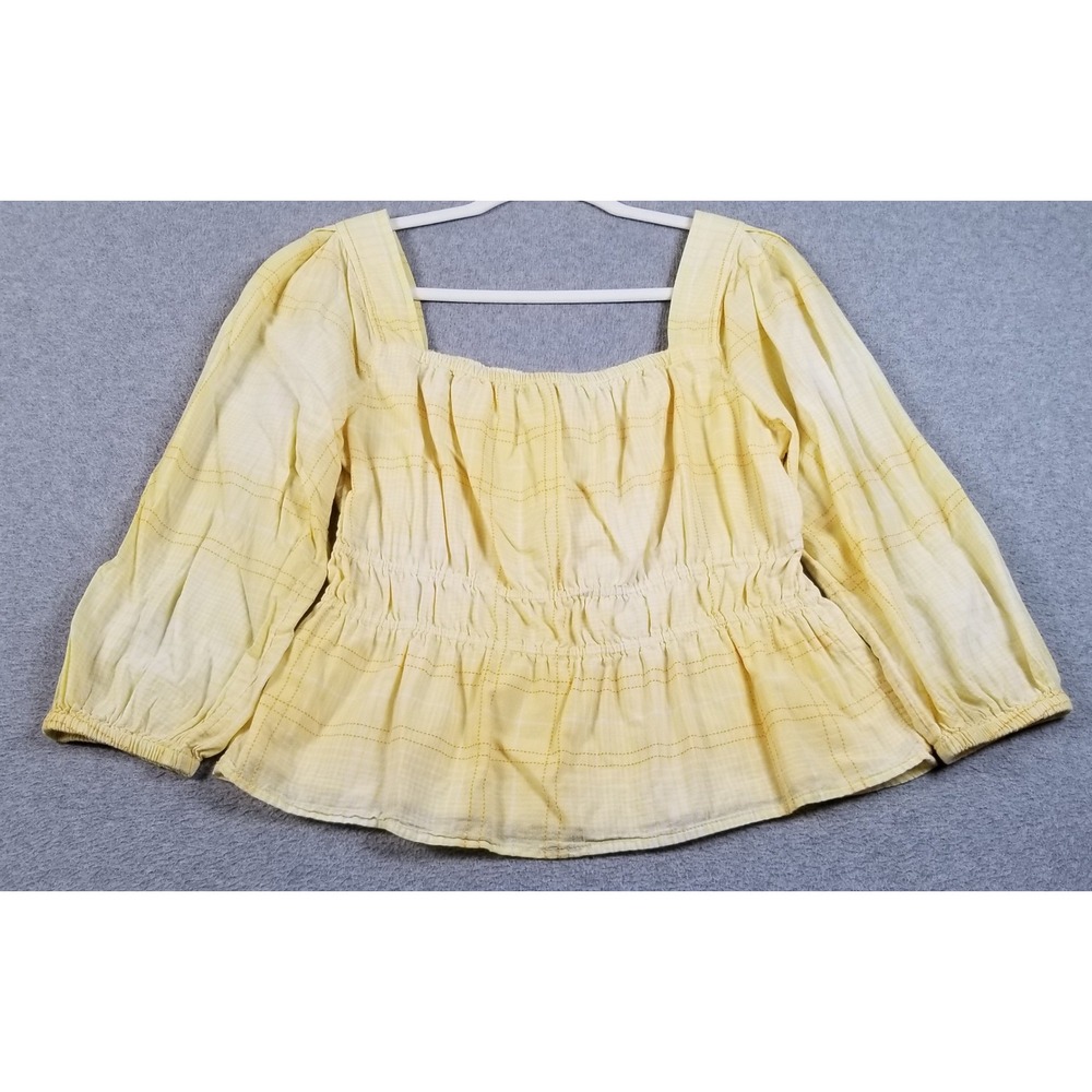 Free Assembly Peplum Top Women M Medium Yellow Orange Plaid Square Neck Blouse